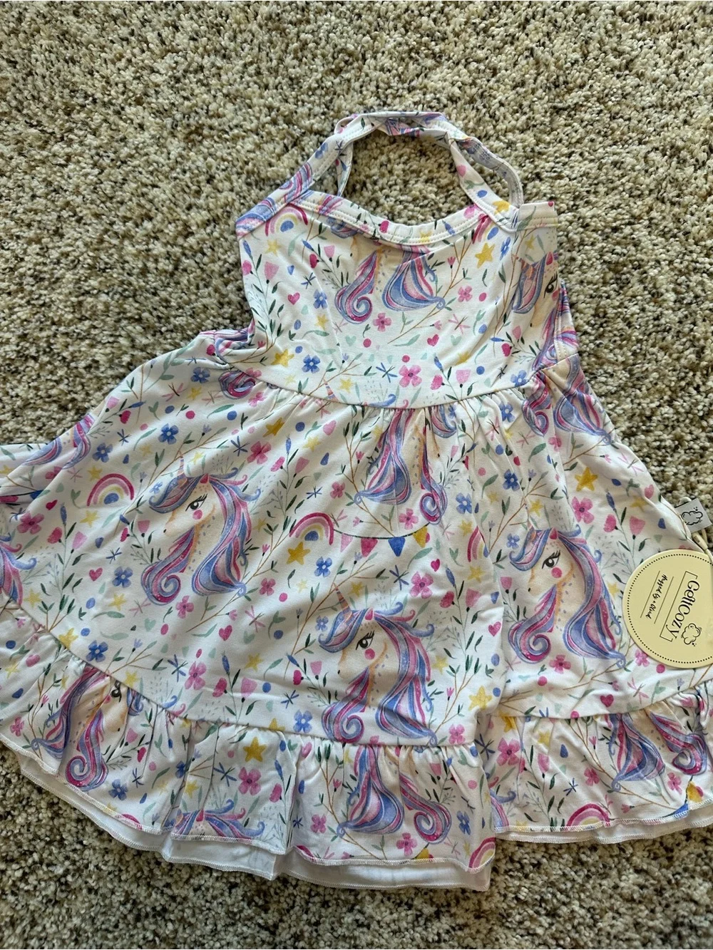 Girls' Unicorn Print Casual Bamboo Dress - White/Pastel